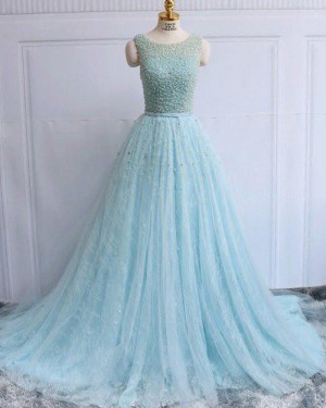 Gorgeous Long Sparkle Cyan Lace Jewel Beading Evening Dress PM1282