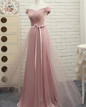 Long Off the Shoulder Dusty Pink Ruched Tulle Bridesmaid Dress PM1285