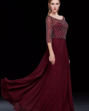 Bateau Long Burgundy Sparkle Beading Satin Evening Dress with 3/4 Length Sleeves PM1286