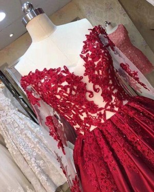 Red Appliqued Satin Off the Shoulder Ball Gown Evening Dress with Long Sleeves PM1287
