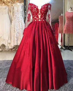Red Appliqued Satin Off the Shoulder Ball Gown Evening Dress with Long Sleeves PM1287