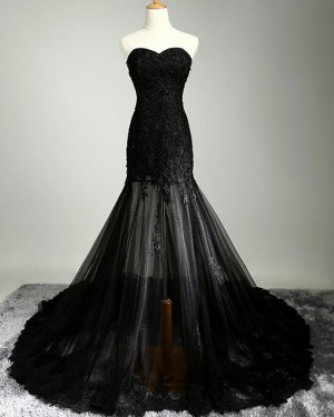 Stunning Black Mermaid Sweetheart Lace Appliqued Evening Dress PM1288