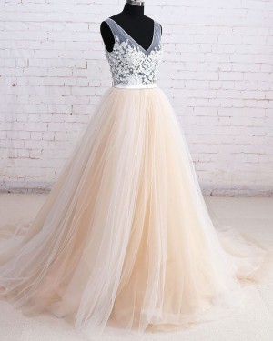 White and Champagne V-neck Tulle Floral Ball Gown Formal Dress PM1290
