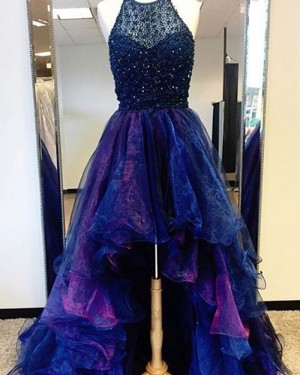Blue and Red Halter High Low Tulle Beading Prom Dress PM1292
