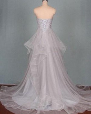 High Low Grey Sweetheart Ruched Beading Ruffled Prom Dress PM1296