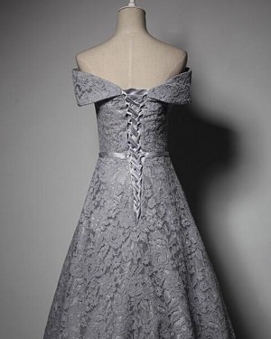 Grey Lace Off the Shoulder Ball Gown Evening Dress PM1298