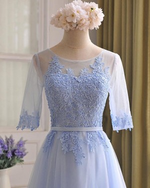 Light Blue Lace Appliqued Tulle Prom Dress with Half Length Sleeves PM1301