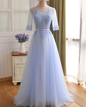 Light Blue Lace Appliqued Tulle Prom Dress with Half Length Sleeves PM1301