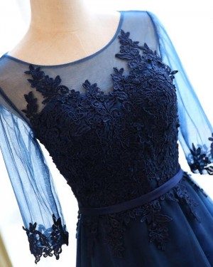 Navy Blue Scoop Appliqued Bodice Tulle Prom Dress with Half Length Sleeves PM1302