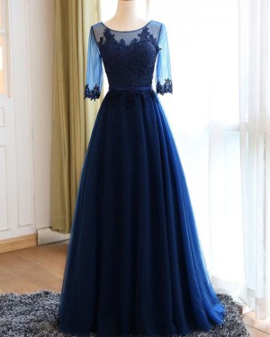 Navy Blue Scoop Appliqued Bodice Tulle Prom Dress with Half Length Sleeves PM1302