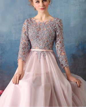 Pink Tulle Jewel Lace Appliqued Formal Dress with 3/4 Length Sleeves PM1303