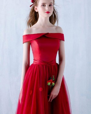 Long Off the Shoulder Red Satin Prom Dress with Handmade Flowers PM1304