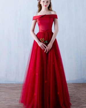 Long Off the Shoulder Red Satin Prom Dress with Handmade Flowers PM1304