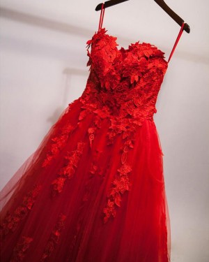 Red Tulle Sweetheart Ball Gown Evening Dress with Handmade Flowers PM1306