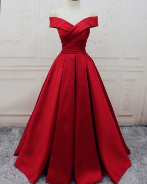 Simple Long Red Off the Shoulder Pleated Satin Prom Dress PM1307