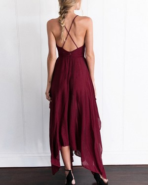 Simple Burgundy V-neck Chiffon Prom Dress with Side Slit PM1308