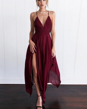 Simple Burgundy V-neck Chiffon Prom Dress with Side Slit PM1308