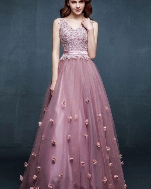 Long V-neck Lace Bodice Tulle Prom Dress with Handmade Flowers PM1311