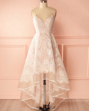 Spaghetti Straps High Low Champagne Lace Prom Dress PM1314
