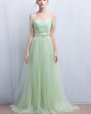 Sage Tulle Off the Shoulder Appliqued Pleated Prom Dress PM1319
