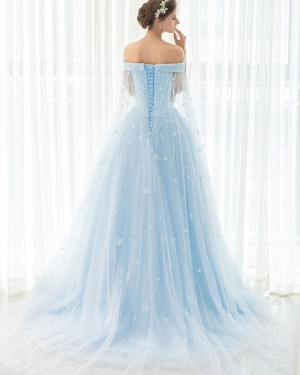 Gorgeous Light Blue Off the Shoulder Tulle Appliqued Ball Gown Evening Dress PM1331