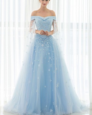 Gorgeous Light Blue Off the Shoulder Tulle Appliqued Ball Gown Evening Dress PM1331