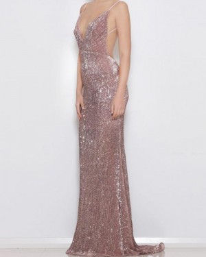 Gold Sequined V-neck Mermaid Style Evening Dress with Open Back PM1332
