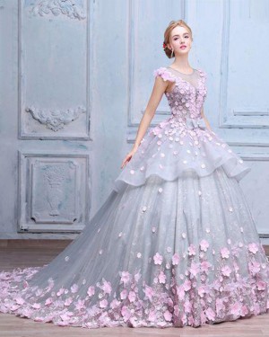 Jewel Grey Sheer Tulle and Lace Ball Gown Quinceanera Dress with Handmade Flowers PM1333