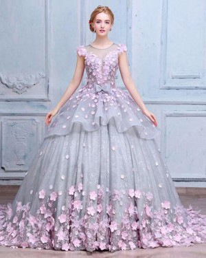 Jewel Grey Sheer Tulle and Lace Ball Gown Quinceanera Dress with Handmade Flowers PM1333