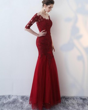 Burgundy Appliqued Off the Shoulder Mermaid Prom Dress with Half Length Sleeves PM1336