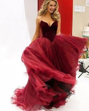 Simple Long Red Tulle Sweetheart Ball Gown Prom Dress PM1337