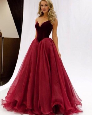 Simple Long Red Tulle Sweetheart Ball Gown Prom Dress PM1337