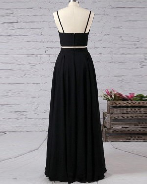 Spaghetti Two Piece Satin Straps Black Prom Dress with Side Slit PM1338