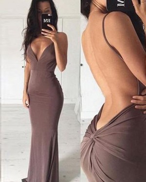 Deep Long V-neck Brown Satin Mermaid Formal Dress with Open Back PM1339