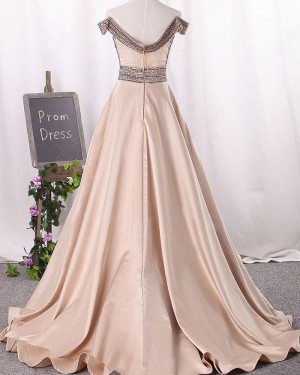 Long Satin Off the Shoulder Beading Bodice Prom Dress PM1341