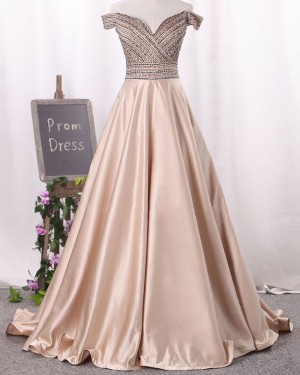 Long Satin Off the Shoulder Beading Bodice Prom Dress PM1341