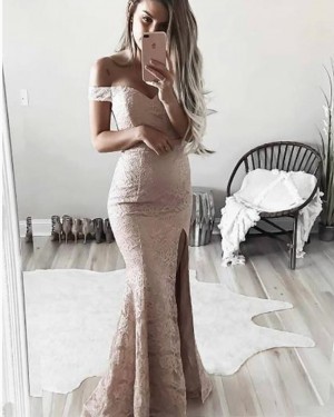 Long Pink Lace Off the Shoulder Mermaid Prom Dress with Side Slit PM1347