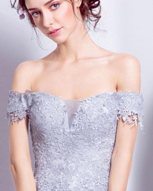 Dusty Blue Off the Shoulder Lace Appliqued Bodice Long Prom Dress PM1348