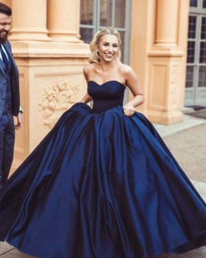 Simple Navy Blue Satin Sweetheart Ball Gown Evening Dress PM1351