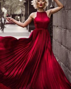 Elegant Long Halter Rose Red Satin Pleated Prom Dress PM1354