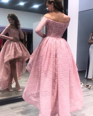 High Low Pink Lace Off the Shoulder Prom Dress with Long Sleeves PM1356
