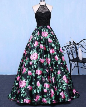 Long Floral Print Halter Beading Bodice Prom Dress PM1358