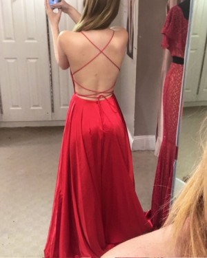 Long Red Satin Spaghetti Straps Wine Prom Dress with Side Slit PM1359