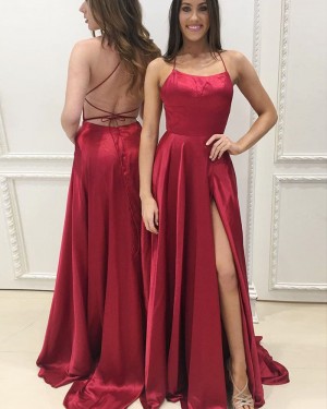 Long Red Satin Spaghetti Straps Wine Prom Dress with Side Slit PM1359