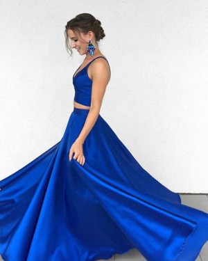 Simple Royal Blue Satin Deep V-neck Two Piece Prom Dress PM1360