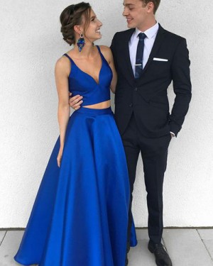 Simple Royal Blue Satin Deep V-neck Two Piece Prom Dress PM1360