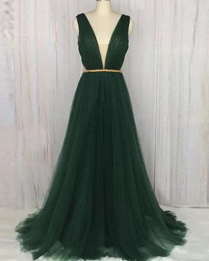 Long Tulle Deep V-neck Ruched Dark Green Formal Dress PM1364