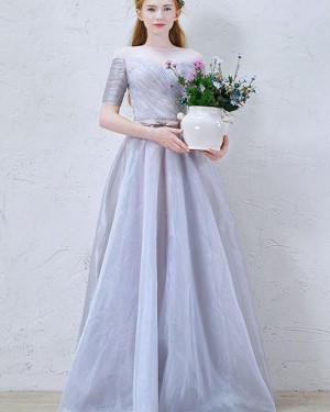 Dusty Blue Sheer Neck Ruched Tulle Formal Dress with Half Length Sleeves PM1367