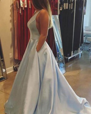 Simple Long Blue Deep Light Satin Prom Dress with Pockets PM1369