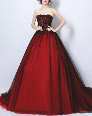 Strapless Burgundy Lace Bodice Ball Gown Evening Dress PM1372